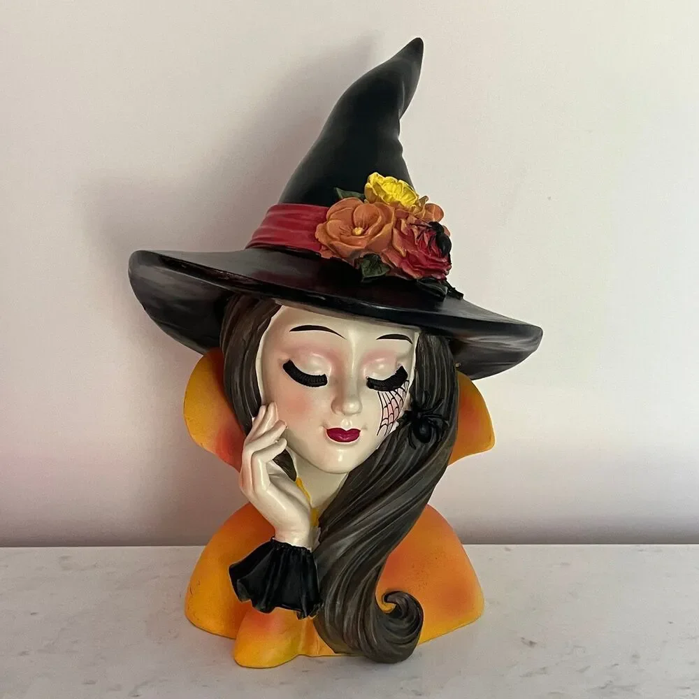Bella Lux Spider Halloween Viral Spider Web Witch w Orange Floral Hat Bust Head